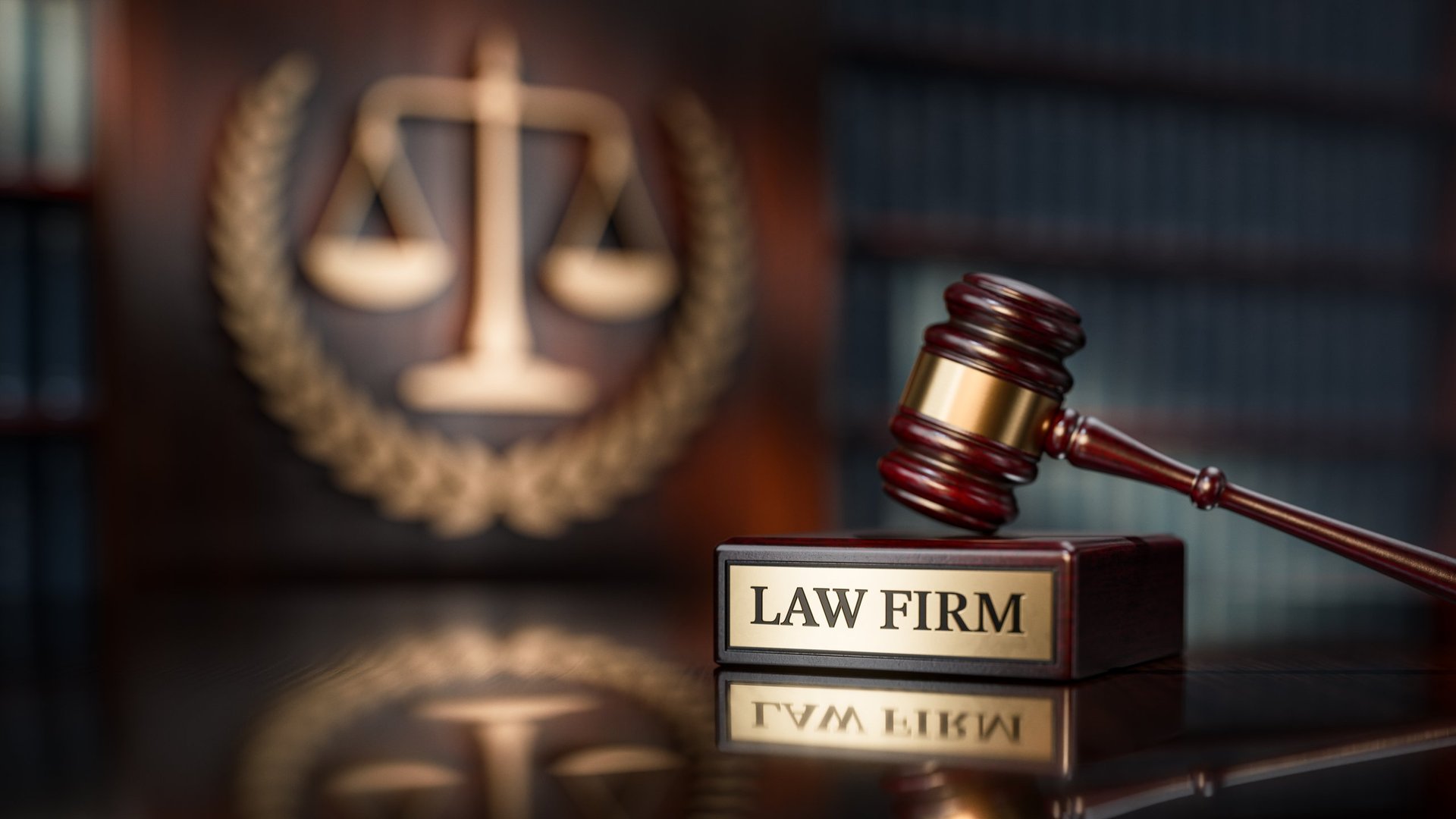 Law Firm: Judge's Gavel as a symbol of legal system and wooden stand with text word.