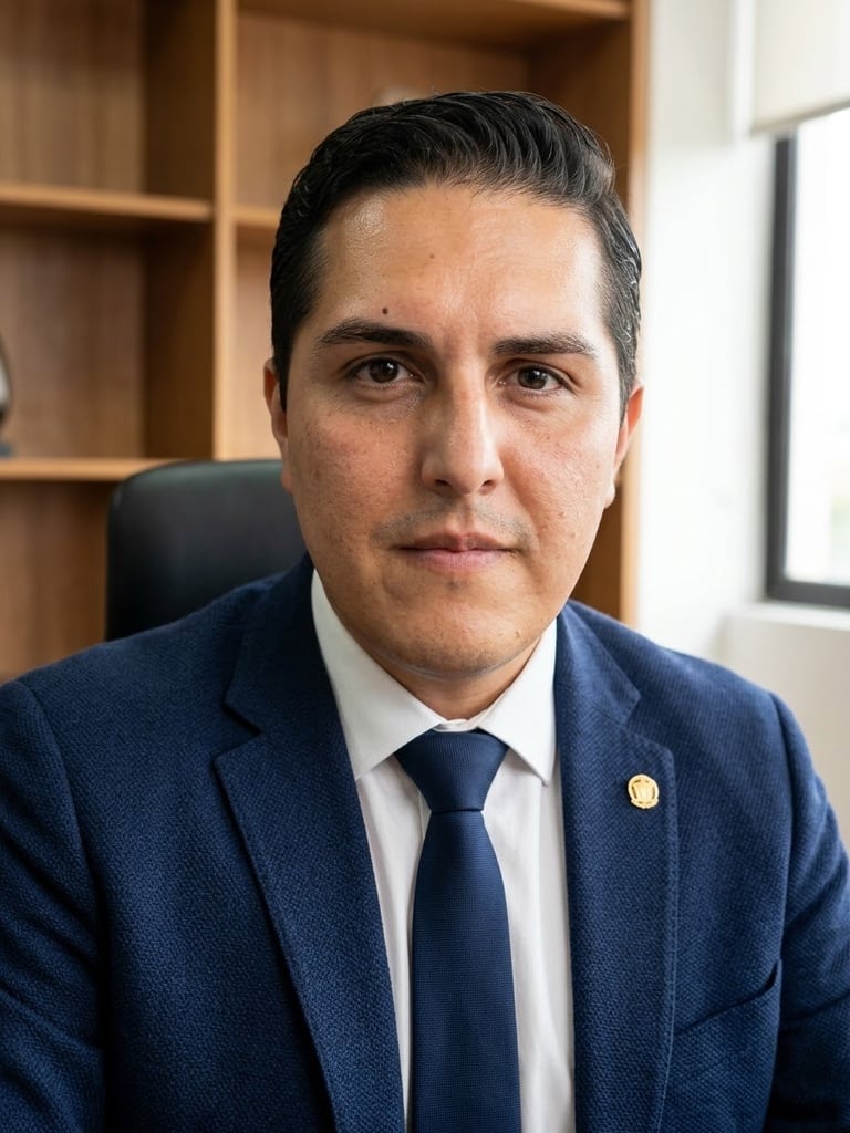 Professional headshot of a man in a dark blue suit and tie, seated indoors with wooden shelving in the background