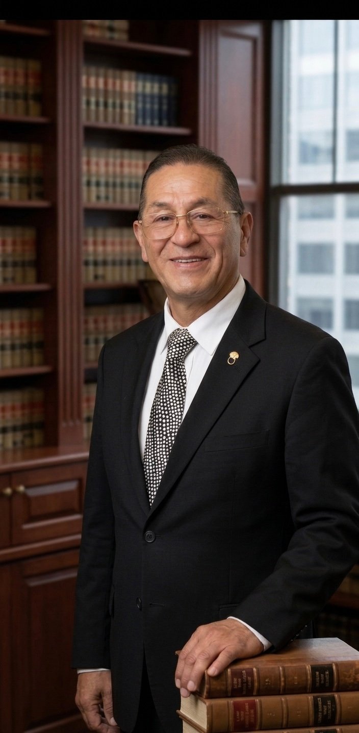 Professional man in black suit and glasses standing in law library with law books, smiling at camera