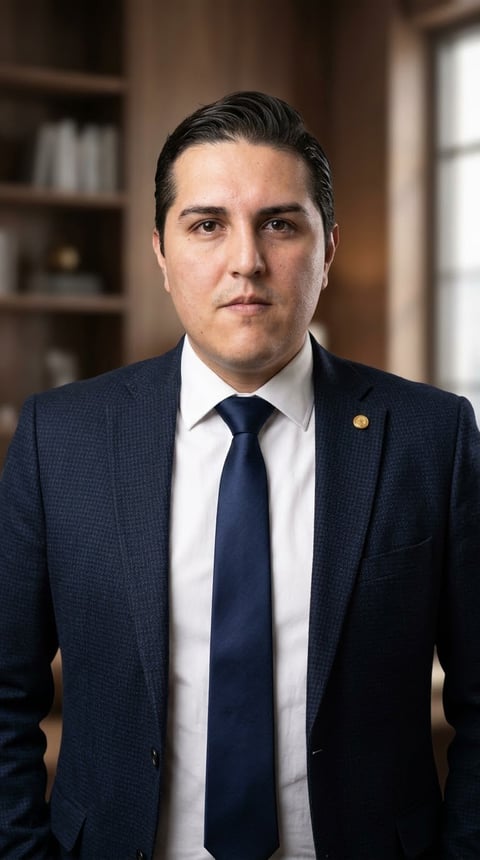 Professional portrait of a man in a dark suit and navy tie against an office background with bookshelves