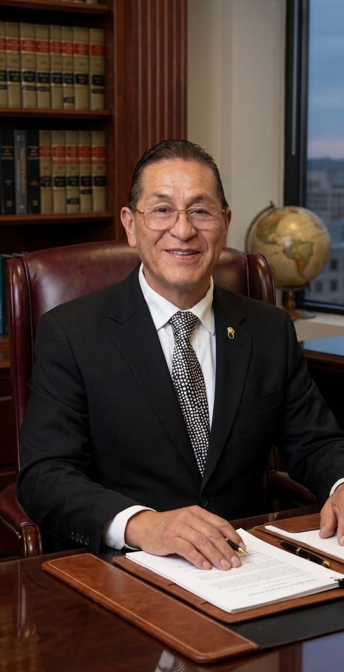Professional man in dark suit and glasses sitting at desk with law books and globe in background